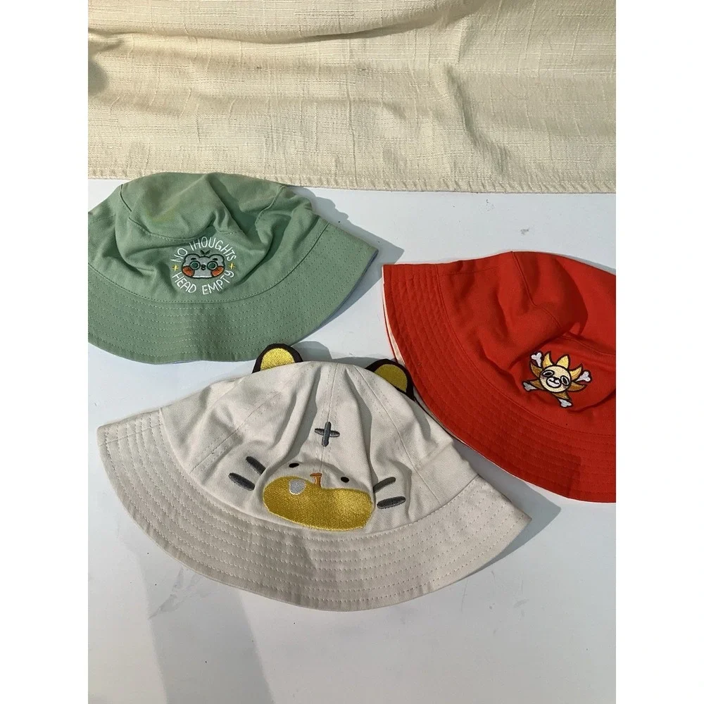 Girls Cartoon Embroidered Cotton Bucket Hats Set - Green, Red, Beige, Breathable